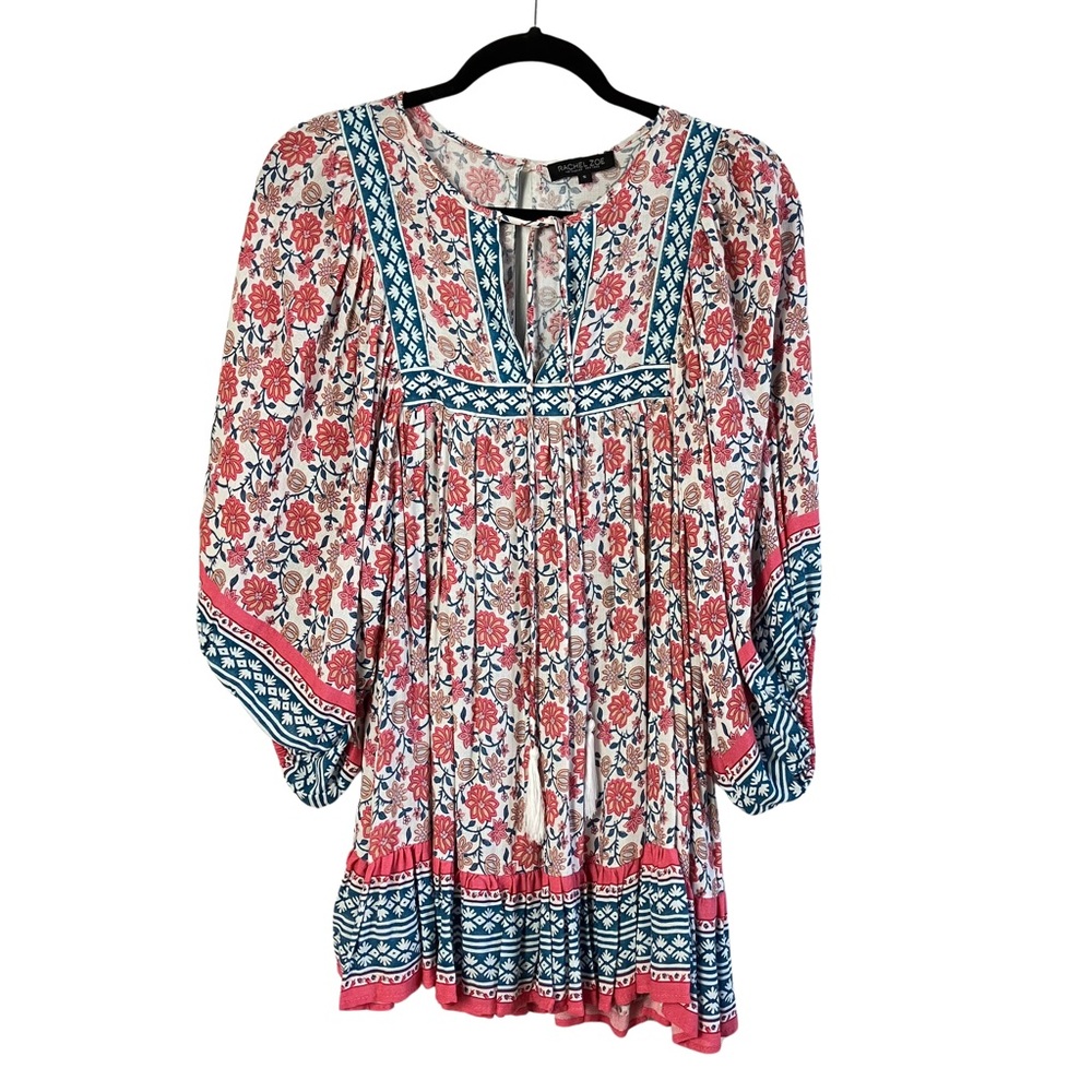 Rachel Zoe Floral Tunic Top Boho Peasant Blouse with Coral and Blue Accents